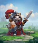  andrei_modestov animal armor castle cat clothed_animal day fantasy full_armor full_body glint holding holding_shield holding_sword holding_weapon knight no_humans original outdoors plume shield sword weapon whiskers 