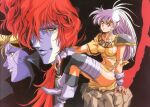  1990s_(style) 1girl 2boys armor asymmetrical_clothes bandaged_leg bandages blonde_hair blue_eyes boots covered_nipples crossed_legs eyelashes fingerless_gloves gloves grey_boots grey_gloves grey_hair holding holding_sword holding_weapon legend_of_lemnear lemnear long_hair maid_headdress multiple_boys navel non-web_source official_art on_rock parted_lips pauldrons planted planted_sword red_hair retro_artstyle shiny_skin shoulder_armor single_pauldron sitting smile sword urushihara_satoshi weapon yellow_eyes 