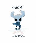  1other backlighting ben-day_dots black_eyes character_name chinese_commentary commentary_request film_grain full_body grey_cloak hightguy hollow_knight horns knight_(hollow_knight) looking_at_viewer other_focus reflection reflective_liquid screentones simple_background solo standing straight-on white_background 