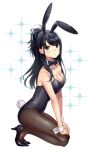  1girl animal_ears bangs bare_arms bare_shoulders black_bow black_bowtie black_eyes black_footwear black_hair black_legwear black_leotard bow bowtie breasts cleavage collarbone commentary_request detached_collar dot_mouth dot_nose eyebrows_visible_through_hair fake_animal_ears fake_tail forehead full_body hair_behind_ear high_heels highleg highleg_leotard idolmaster idolmaster_shiny_colors kazano_hiori leotard long_bangs looking_at_viewer medium_breasts mole mole_under_mouth omochimochi own_hands_together parted_bangs playboy_bunny rabbit_tail simple_background solo sparkle squatting strapless strapless_leotard tail white_background wrist_cuffs 