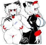 2025 animal_humanoid band-aid band-aid_on_breast band-aid_on_genitals band-aid_on_pussy bandage bell bell_collar big_breasts bow_ribbon breasts cat_humanoid catmaid_(cibastion) cibastion clothing collar felid felid_humanoid feline feline_humanoid female fluffy fluffy_tail hair humanoid inner_ear_fluff maid_headdress maid_uniform mammal mammal_humanoid mischievous_smile mostly_nude navel off/on red_eyes slightly_chubby slightly_chubby_female solo standing tail thick_thighs tuft uniform white_hair