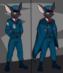  2026 anthro bat big_ears biped black_body black_boots black_clothing black_footwear black_fur black_hair boots bottomwear button_(fastener) cain_(suitedwolfie) cape cheek_tuft clothing coat collared_shirt digital_drawing_(artwork) digital_media_(artwork) eyebrows eyelashes eyewear facial_tuft fangs footwear fur glasses gold_(metal) gold_button_(fastener) gold_piercing gold_ring_piercing golden_glasses green_bottomwear green_cape green_clothing green_coat green_hat green_headwear green_pants green_suit green_topwear hair hair_over_eye hat head_tuft headgear headwear hi_res id_card looking_at_viewer male mammal markings necktie officers'_hat pants piercing pink_eyes pink_inner_ear pink_sclera pockets portrait pupils red_necktie ring_piercing shaded shirt shoes simple_background slit_pupils snaggle_tooth snout solo space_station_13 split_screen standing suit suit_jacket suitedwolfie teeth thick_eyebrows topwear tuft wearing_hat white_clothing white_markings white_shirt white_topwear wingless_bat 