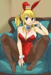  1girl animal_ears blonde_hair blush breasts brown_eyes fairy_tail feet gaston18 highres large_breasts looking_at_viewer lucy_heartfilia necktie pantyhose playboy_bunny rabbit_ears rabbit_tail tail tattoo toes 