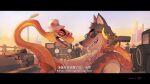  anthro canid canine canis chinese clothing dialogue dreamworks duo feral gun hat headgear headwear male mammal mr._snake_(the_bad_guys) mr._wolf_(the_bad_guys) ranged_weapon reptile scalie snake sunset the_bad_guys weapon wolf 