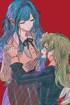  2girls anger_vein bang_dream! bang_dream!_it's_mygo!!!!! blue_dress blue_hair closed_eyes closed_mouth commentary_request dress green_hair grey_skirt hair_ornament hair_ribbon hairclip highres holding_another's_hair korean_commentary long_hair mortis_(bang_dream!) mortis_(persona)_(bang_dream!) multiple_girls neck_ribbon open_mouth red_background ribbon sanya_(hwanmul) shirt sidelocks simple_background skirt togawa_sakiko upper_body wakaba_mutsumi white_shirt 