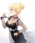  1girl ;d black_dress black_ribbon blonde_hair blue_eyes blush breasts cleavage cowboy_shot dress eyebrows_visible_through_hair frilled_dress frilled_sleeves frills grin hair_bun hand_on_hip highres holding holding_eyewear hololive hololive_english korean_commentary looking_at_viewer medium_breasts official_alternate_costume one_eye_closed ooo0917 ribbon see-through see-through_dress see-through_sleeves short_hair sidelocks simple_background smile solo spaghetti_strap standing sunglasses tinted_eyewear virtual_youtuber watson_amelia white_background wrist_ribbon 