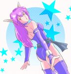  1girl ass bb9_megadrive choker commentary_request dutch_angle fantasy game_console highres leotard long_hair looking_back mutant nei phantasy_star phantasy_star_ii pointy_ears purple_hair red_eyes science_fiction sega_mega_drive star_(symbol) starry_background waistband 