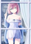  1girl blue_jacket blue_ribbon blush bob_cut breasts collarbone dress enokitake green_eyes hair_between_eyes highres jacket long_hair looking_at_viewer off-shoulder_dress off_shoulder original pink_hair rain ribbon small_breasts solo standing through_window white_dress window 