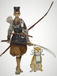  1boy absurdres armor arrow_(projectile) bow_(weapon) breastplate brown_shorts commentary dog dou english_commentary frown hakama hakama_shorts hat highres holding holding_weapon japanese_armor japanese_clothes looking_at_viewer male_focus mossacannibalis naginata original polearm rope sandals scabbard sheath shiba_inu shimenawa short_hair shorts simple_background soldier solo sword weapon white_background yumi_(bow) 