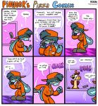 2026 anotherartboy anthro blue_body blue_fur blue_hair breasts brown_hair brown_spots chef cigarette clothed clothed_anthro clothed_female clothing comic dialogue digital_media_(artwork) duo ear_piercing electronics english_text eyewear female footwear fully_clothed fully_clothed_anthro fully_clothed_female fur giraffe giraffid glasses grey_clothing grey_footwear grey_shoes grudge_labunny grumpy gustava_collolungo hair hat headgear headwear hi_res holding_object holding_phone janitor jumpsuit lagomorph leporid lighter long_ears mammal manager name_tag orange_clothing orange_hat orange_headwear orange_jumpsuit phone phone_call piercing pink_nose pioneer's_pizza rabbit shoes speech_bubble spots text text_box wearing_glasses yellow_body yellow_sclera