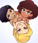  3girls amphibia anne_boonchuy black_hair blonde_hair breast_press breasts brown_hair completely_nude dark-skinned_female dark_skin from_above hair_ornament hairclip loodncrood looking_at_viewer looking_up marcy_wu mole mole_under_eye multiple_girls nipple-to-nipple nude open_mouth ponytail sasha_waybright short_hair simple_background symmetrical_docking 