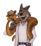  anthro canid canine canis clothing dreamworks duo embrace feral fur hat headgear headwear hi_res hug male mammal mr._snake_(the_bad_guys) mr._wolf_(the_bad_guys) open_mouth reptile scales scalie simple_background snake suit the_bad_guys wolf zoetheduck 
