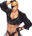  1boy abs angel_(kof) angel_(kof)_(cosplay) arm_up black_gloves black_jacket black_male_underwear blue_eyes chaps collarbone commentary cosplay cropped_jacket english_commentary eyepatch fingerless_gloves gloves grin hand_on_hip hand_on_own_head happy highres jacket ktovhinao long_sleeves looking_at_viewer male_focus male_underwear pectoral_cleavage pectorals ramon_(kof) short_hair smile solo the_king_of_fighters toned toned_male underwear zipper zipper_pull_tab 