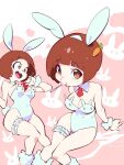  1girl :d aetherion animal_costume animal_ears breasts brown_hair candy carrot_hair_ornament cleavage feet_out_of_frame food food-themed_hair_ornament hair_ornament kill_la_kill leg_garter leotard lollipop mankanshoku_mako medium_breasts multiple_views pink_background rabbit_costume rabbit_ears short_hair smile strapless strapless_leotard white_leotard 