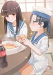  2girls bangs barefoot black_hair blue_sailor_collar blunt_bangs blush bottle brown_eyes closed_mouth cola dress eating eyebrows_visible_through_hair food hatsuyuki_(kancolle) highres holding holding_food kantai_collection long_hair multiple_girls pizza ponytail sailor_collar sailor_dress sakieko school_uniform serafuku short_sleeves shouji shounan_(kancolle) sliding_doors smile sparkle tatami white_dress 