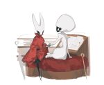  2girls arthropod_girl black_eyes black_skin blank_eyes bodysuit cloak colored_skin commentary_request dkl_(dinosaurkl2) from_behind hat highres hollow_eyes hollow_knight hollow_knight:_silksong horned_mask hornet_(hollow_knight) horns lace_(hollow_knight) looking_at_another mask multiple_girls needle_(hollow_knight) on_bed pin_(hollow_knight) puffy_sleeves red_cloak sitting thread weapon white_bodysuit white_eyes white_hat white_mask 