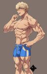  1boy abs artist_logo bara biceps blonde_hair blue_eyes blush brown_background hand_on_hip highres large_pectorals looking_to_the_side male_focus manly messy_hair muscular muscular_male navel nipples open_mouth original pectorals shorts smile solo standplay sweat sweatdrop teeth thick_arms thick_eyebrows thick_thighs thighs tight tongue topless_male 