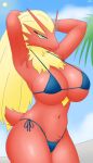  anthro avian big_breasts bikini blaziken blue_eyes breasts chest_tuft clothed clothing cloud curvaceous curvy_figure dgfox female hair hands_behind_head hi_res huge_breasts looking_at_viewer navel nintendo palm_tree plant pok&eacute;mon pok&eacute;mon_(species) pubes red_body sky solo swimming_pool swimwear thick_thighs tree tuft video_games voluptuous wide_hips 