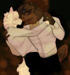 absurd_res accessory acne anthro black_bottomwear black_clothing black_pants blush bokeh bottomwear bow_tie braces brown_body brown_fur canid canine canis cerberussenn clothing collared_shirt dancing dimple domestic_dog dreadlock_cuffs dreadlocks dress_shirt duo ear_piercing facial_hair flesh_fang floppy_ears flower flower_in_hair forget-me-not_(flower) freckles fur green_eyes hair hair_accessory hair_jewelry hand_holding hand_on_back hi_res jasmine_(flower) livestock_guardian_dog louie_sweeto_(cerberussenn) male male/male mammal markings mole_(marking) molosser mountain_dog mustache pants pastoral_dog piercing plant ring rj_holiday_(cerberussenn) romantic romantic_ambiance romantic_couple scut_tail shirt short_tail signature smile tail tibetan_mountain_dog topwear waltz_(dance) white_body white_fur wolf