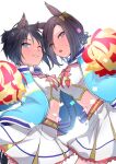  2girls absurdres air_groove_(umamusume) animal_ears belt black_hair blue_eyes blue_jacket blush breast_press breasts brown_hair commentary_request confetti cosplay ear_piercing fuji_kiseki_(umamusume) green_eyes highres holding holding_pom_poms horse_ears horse_girl horse_tail jacket layered_skirt looking_at_viewer medium_breasts midriff multiple_girls navel nice_nature_(run&win)_(umamusume) nice_nature_(umamusume) nice_nature_(umamusume)_(cosplay) one_eye_closed open_clothes open_jacket open_mouth piercing pom_pom_(cheerleading) sailor_collar shirt short_hair simple_background skirt small_breasts smile sweatdrop symmetrical_docking tail teeth umamusume white_background white_shirt white_skirt zhu_(nitamagr) 