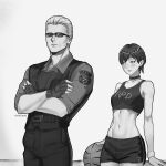  1boy 1girl absurdres albert_wesker bad_id bad_twitter_id ball basketball_(object) blush breasts bulletproof_vest choker closed_mouth collared_shirt crop_top crossed_arms greyscale headband highres lips looking_at_another midriff monochrome navel pants rebecca_chambers resident_evil resident_evil_1 shirt short_hair shorts simple_background standing sunglasses tank_top twitter_username white_background yh114019 