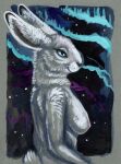  acrylic_painting_(artwork) anthro aurora_borealis blue_eyes breasts cadmiumtea female fur grey_body grey_fur half-length_portrait hi_res lagomorph leporid looking_away mammal night nude painting_(artwork) portrait rabbit side_boob smile solo traditional_media_(artwork) 