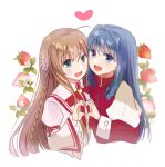  2girls :d ahoge blue_eyes blue_hair blunt_ends blush bow bowtie braid brown_hair capelet commentary_request company_connection crossover crown dress flower food frilled_sleeves frills fruit green_eyes hair_between_eyes hair_flower hair_intakes hair_ornament hand_up happy heart heart_hands heart_hands_duo juliet_sleeves kanbe_kotori kanon key_(company) kurage_(kurage19) leaf long_hair long_sleeves looking_at_viewer minase_nayuki mini_crown multiple_girls open_mouth pink_dress pink_flower puffy_sleeves red_bow red_bowtie red_dress rewrite school_uniform side_braid sidelocks simple_background smile straight_hair strawberry strawberry_slice very_long_hair white_background white_capelet white_flower wide_sleeves 