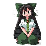  1girl :d barefoot between_legs black_eyes black_hair black_wings blush bow breasts center_frills commentary_request contrast_collar double-parted_bangs feathered_wings frilled_shirt_collar frills full_body green_bow green_skirt hair_bow hand_between_legs kasuya_baian large_breasts long_hair looking_at_viewer notice_lines open_mouth puffy_short_sleeves puffy_sleeves reiuji_utsuho short_sleeves simple_background sitting skirt sleeve_ribbon smile solo straight-on third_eye_on_chest touhou very_long_hair wariza white_background wings 