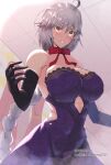 1girl ahoge bangs bare_shoulders black_gloves braid braided_ponytail breasts cleavage covered_navel dress elbow_gloves fate/grand_order fate_(series) gloves grey_hair grin highres jeanne_d&#039;arc_alter_(fate) jeanne_d&#039;arc_alter_(holy_night_supper)_(fate) lace-trimmed_dress lace_trim large_breasts long_hair looking_at_viewer neck_ribbon purple_dress ribbon smile solo very_long_hair yellow_eyes zumizu 