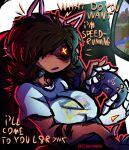 >///< 4_hands arm_tattoo artist_name big_breasts black_hair black_sclera blood blush bodily_fluids breasts brown_body brown_skin cat_ear_headband clothing controller corpse cyn_(murder_drones) dialogue diddlydooter1 digital_drawing_(artwork) digital_media_(artwork) directional_arrow disguise earless eldritch_abomination electronics female freckled_face freckles gamer_girl gaming glitch_productions glowing glowing_eyes grey_body hair hair_over_eye headphones hi_res hikikomori holding_controller holding_object huge_breasts human humanoid humor interrupted lines_on_body long_hair looking_at_viewer machine mammal meme metallic_body microsoft minecraft mojang monitor multi_hand murder_drones neet nightmare_fuel noseless patchwork_creature pink_headphones playing_video_game red_text robot robot_humanoid scar scars_all_over screen screen_face seam_(sewing) segmented_body shirt signature simple_background skinsuit solo stitch_(sewing) surgical_suture talking_to_viewer tattoo tessa_(murder_drones) text tight_clothing topwear undead unusual_anatomy white_body white_clothing white_shirt white_topwear worker_drone x_eyes xbox_game_studios yellow_eyes yellow_text zombie