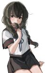  1girl bangs black_eyes black_hair black_sailor_collar black_skirt blue_neckerchief braid commentary hair_between_eyes hair_ribbon highres holding holding_hair isonami_(kancolle) isonami_kai_ni_(kancolle) kantai_collection kaomoji_(sagor00237) long_hair looking_at_viewer neckerchief pleated_skirt red_ribbon ribbon sailor_collar simple_background sitting skirt solo twin_braids 