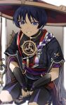  1boy armor bad_id bad_twitter_id blue_eyes blue_hair genshin_impact gyoju_(only_arme_nim) hair_between_eyes hat highres japanese_armor japanese_clothes jingasa kote kurokote looking_at_viewer makeup male_focus scaramouche_(genshin_impact) simple_background smirk solo squatting tassel white_background wide_sleeves 