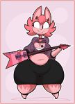  anthro beauty_mark belly big_breasts bottomwear breasts catrobis cleavage clothed clothing eyelashes felid female fur guitar hi_res horn huge_hips huge_thighs hyper_hips jewelry long_neck looking_aside maddeku mammal musical_instrument navel necklace overweight overweight_female pink_body pink_fur plucked_string_instrument shorts smile solo string_instrument thick_thighs wide_hips 