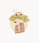  artist_name beak bird black_eyes bow bowtie circle commentary film_grain food green_bow green_bowtie halftone halftone_background highres hightguy no_humans notice_lines owl parted_lips pokemon pokemon_(creature) pokemon_focus rowlet simple_background solo symbol-only_commentary talons waffle white_background 