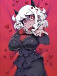 1girl absurdres black_horns black_suit black_tail breasts demon_girl demon_horns demon_tail formal heart heart-shaped_pupils helltaker highres horns large_breasts lying modeus_(helltaker) on_back red_eyes red_sweater ribbed_sweater shiny shiny_hair shiny_skin short_hair slugbox solo suit sweater symbol-shaped_pupils tail white_horns 