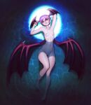  1girl absurdres afloat armpits arms_up bat_wings blush breasts demon_girl demon_wings floating head_wings highres lilith_aensland looking_at_viewer lying moon moonlight navel night nipples nude on_back pink_eyes pink_hair pussy short_hair small_breasts smile solo stretch teeth vampire_(game) water wings yorzisowo 