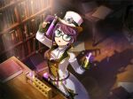  1girl ascot beaker book bookshelf brown_vest coat cosplay different_shadow dr._jekyll_and_mr._hyde game_cg glasses gloves green_eyes half_gloves hands_up hat holding holding_test_tube hoshimi_junna indoors light_rays long_hair long_sleeves official_art paper parted_lips ponytail purple_gloves purple_hair shoujo_kageki_revue_starlight shoujo_kageki_revue_starlight_-re_live- solo standing table test_tube test_tube_holster test_tube_rack upper_body vest waistcoat white_ascot white_coat white_hat 