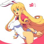  1girl :d animal_ears black_bow black_bowtie blonde_hair bow bowtie breasts cleavage eyebrows_visible_through_hair fake_animal_ears green_eyes hair_between_eyes large_breasts long_hair looking_at_viewer metata multicolored_hair original playboy_bunny puffy_short_sleeves puffy_sleeves rabbit_ears red_background short_sleeves smile solo thighs two-tone_hair white_background wrist_cuffs 