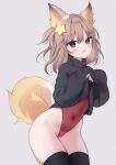  1girl animal_ears annytf anyuu bangs black_legwear black_sweater blush brown_eyes brown_hair clothes_lift commentary covered_navel english_commentary eyebrows_visible_through_hair fox_ears fox_girl fox_tail grey_background groin hair_between_eyes hair_ornament heavy_breathing highleg highleg_leotard highres indie_virtual_youtuber leotard leotard_under_clothes lifted_by_self long_hair looking_at_viewer open_mouth red_leotard simple_background solo star_(symbol) star_hair_ornament sweater sweater_lift tail thighhighs turtleneck turtleneck_sweater two_side_up virtual_youtuber 