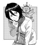  1boy 1girl bent_over bleach coat commentary cowboy_shot greyscale hair_between_eyes hat highres instagram_username kon_(bleach) kuchiki_rukia monochrome party_hat pleated_skirt scarf seveninks skirt smile v v-shaped_eyebrows 