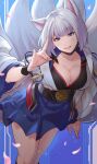  1girl animal_ears azur_lane blue_eyes blue_skirt breasts cleavage crypthiyama fox_ears fox_girl fox_tail hakama hakama_short_skirt hakama_skirt highres japanese_clothes kaga_(azur_lane) kimono kitsune kyuubi large_breasts large_tail long_sleeves looking_at_viewer metal_belt miniskirt multiple_tails red_eyeliner sakuramon short_hair skirt solo tail white_hair white_kimono white_tail wide_sleeves 