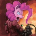  absurd_res angry anthro big_hair blue_eyes constricted_pupils digital_media_(artwork) earth_pony equid equine explosion eyelashes female friendship_is_magic hair hasbro hi_res horse long_hair looking_back machine mammal my_little_pony pink_body pink_hair pinkie_pie_(mlp) pony power_armor pupils redustheriotact small_pupils solo wide_eyed 