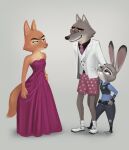  2022 anthro boxers_(clothing) canid canine canis clothed clothing crossover diane_foxington disney dreamworks dress ears_up female fox fur grey_body grey_fur grin group hand_on_hip hi_res judy_hopps lagomorph leporid male mammal mr._wolf_(the_bad_guys) orange_body orange_fur pink_clothing pink_dress police_uniform qupostuv35 rabbit sheepish_grin smile the_bad_guys trio underwear uniform wolf zootopia 
