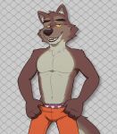  absurd_res anthro black_nose bottomwear brown_body brown_fur canid canine canis chain-link_fence clothed clothing dreamworks fangs fence fur heart_clothing heart_print heart_underwear hi_res lidded_eyes looking_at_viewer male mammal mr._wolf_(the_bad_guys) open_mouth partially_clothed pecs print_clothing print_underwear prison_uniform prisoner pulling_pants_down shirtless simple_background solo teeth the_bad_guys underwear undressing wolf yellow_eyes 