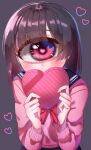  1girl azen_(mntimcczgrtn) bangs black_hair blunt_bangs blush box covering_mouth cuts cyclops eyebrows_visible_through_hair from_above heart heart-shaped_box heart-shaped_pupils highres holding holding_box injury looking_at_viewer medium_hair monster_girl one-eyed original pink_eyes school_uniform self_harm serafuku solo sweater symbol-shaped_pupils wrist_cutting 