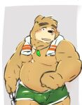  2022 anthro belly blush brown_body bulge clothing hi_res kemono lifewonders male mammal overweight overweight_male solo tokyo_afterschool_summoners torausimuma7 towel towel_around_neck underwear ursid video_games volos 