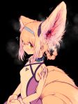  1girl ? absurdres alternate_costume animal_ear_fluff animal_ears arknights bare_shoulders black_background blonde_hair blue_hairband blue_nails blush braid braided_hair_rings breasts closed_mouth collar commentary covered_collarbone covered_navel dress ear_focus english_commentary extra_ears fox_ears fox_girl fox_tail from_side hair_rings hairband headgear highres hitobashira_(1746164306) infection_monitor_(arknights) kitsune kyuubi looking_at_viewer material_growth multicolored_clothes multicolored_dress multicolored_hair multiple_tails nail_polish oripathy_lesion_(arknights) own_hands_together short_hair sidelocks simple_background sitting sleeveless sleeveless_dress small_breasts solo steam steaming_body suzuran_(arknights) sweat tail two-tone_hair upper_body white_hair yellow_eyes 