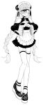  1girl :p absurdres ankle_strap apron azen_(mntimcczgrtn) bangs bare_shoulders bell blush braid breasts bun_cover china_dress chinese_clothes cleavage cleavage_cutout clothing_cutout cyclops double_bun dress eyebrows_visible_through_hair frills greyscale highres long_hair long_sleeves looking_at_viewer maid_headdress monochrome monster_girl off-shoulder_dress off_shoulder one-eyed original own_hands_together qi_maid solo thighhighs tongue tongue_out twin_braids very_long_hair waist_apron wide_sleeves 
