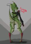  2022 anthro anus biped blue_eyes butt claws digital_media_(artwork) evamal_(soulwing98) female genitals gesture green_body green_scales heel_claw hi_res kobold pawpads prosthetic prosthetic_limb pussy raised_tail rear_view red_eyes red_pawpads scales scalie solo soulwing98 teasing toe_claws v_sign wide_hips 