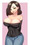  1girl absurdres arms_behind_back breasts brown_hair denim dress green_eyes highres jeans kokonattsu large_breasts large_breasts_under_clothes lips lipstick looking_at_viewer makeup open_clothes open_mouth original pants short_dress short_hair solo wide_hips 